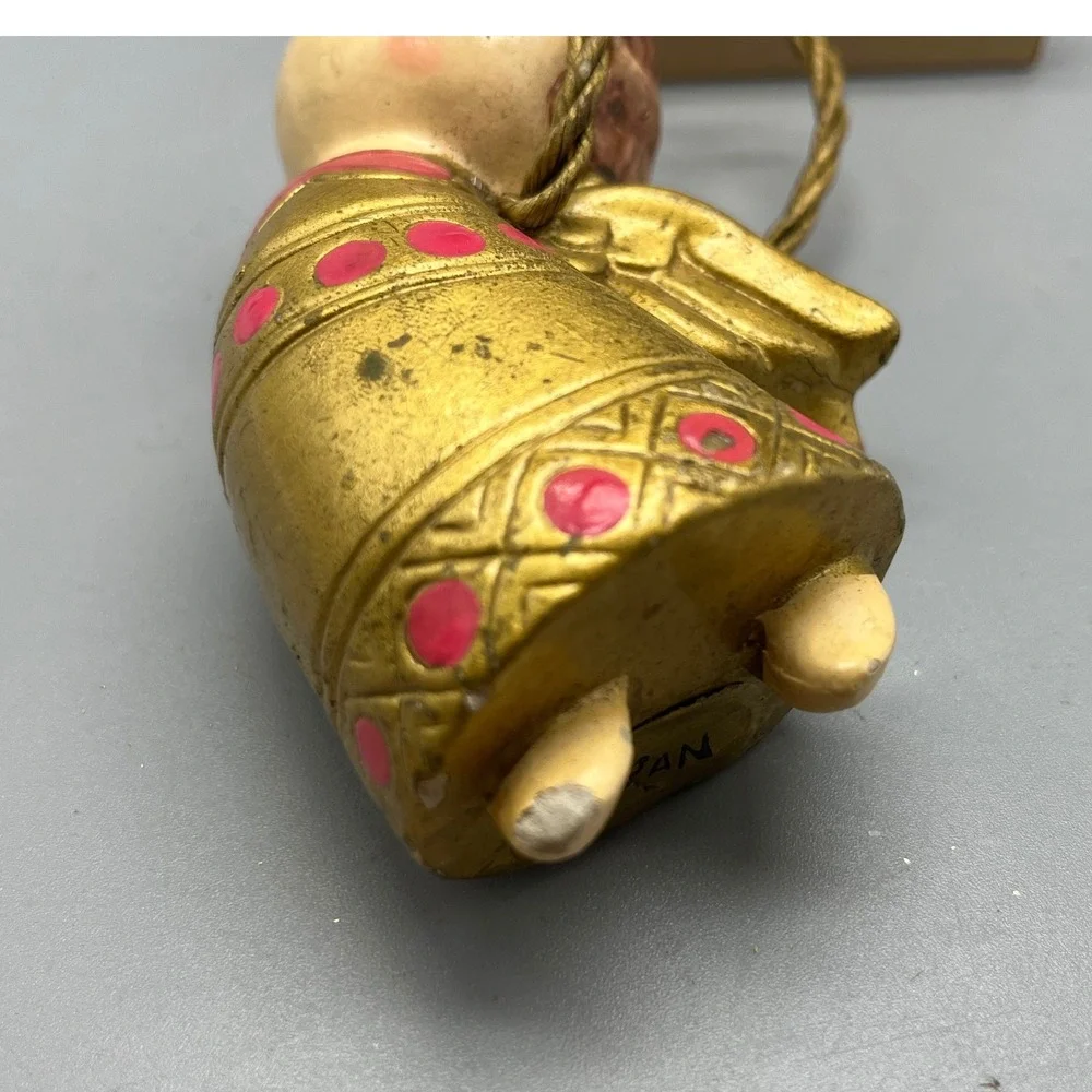 Vintage Mid Century‎ Flying Angel Christmas Ornament Gold Dress an Cord Japan